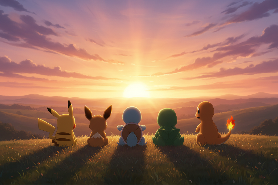 pikachu, evoli, schiggi, bisasam und glumanda sitzen auf einem Hügel und schauen in den Sonnernuntergang